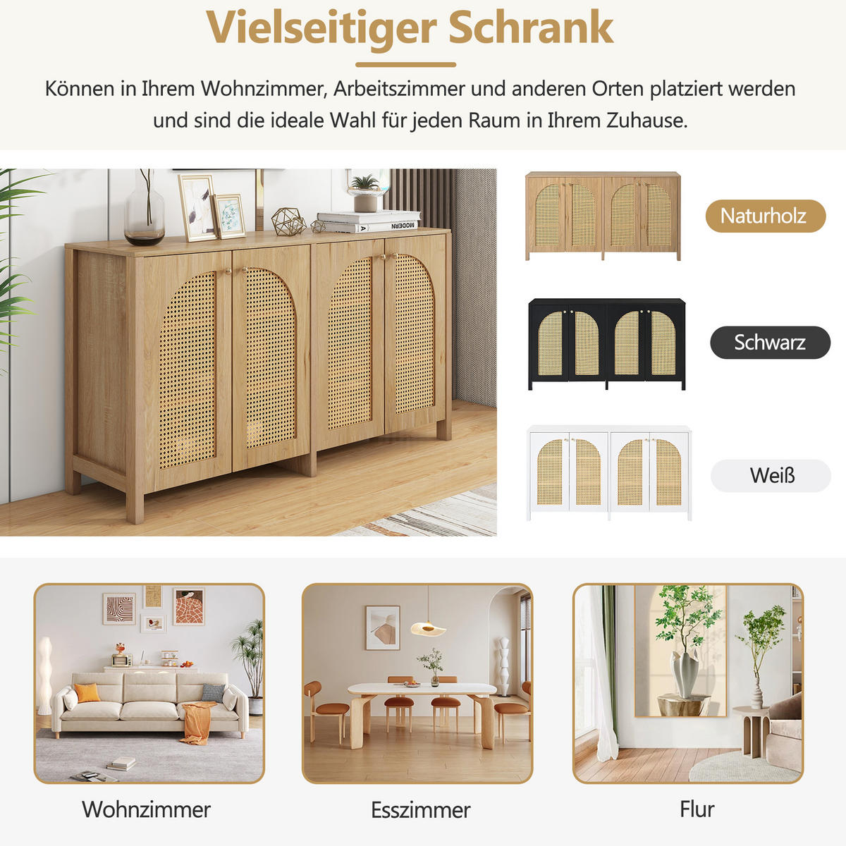 SIDEBOARD 145 cm in Natur Rattan-Optik & 4 Türen im Boho-Stil - Naturfarben, Holzwerkstoff (145/40/80cm) - Urban Meuble