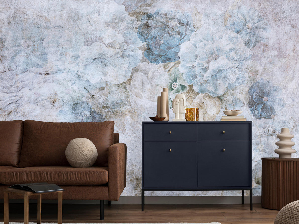 FOTOTAPETE Blaue Blumen Beton Vintage 400x280 - Grau, Papier (400/280cm) - Muralo