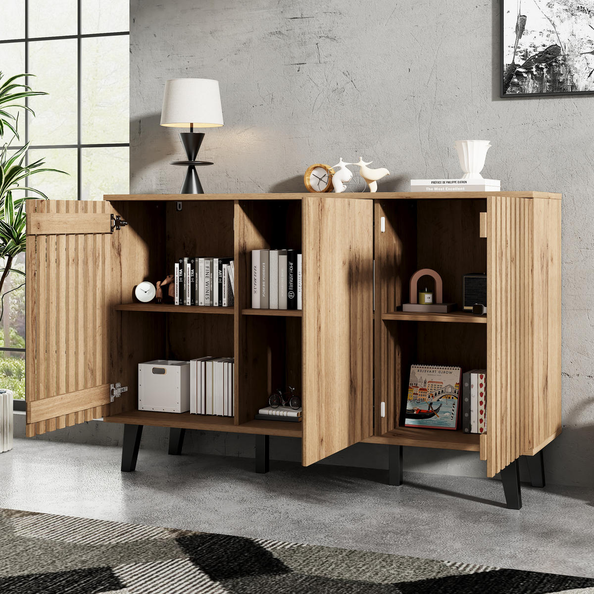 SIDEBOARD 3 Türen 6 Fächer 150x40x95cm Stauraum Mehrzweck - Naturfarben, Holzwerkstoff (40/95/150cm) - FLIEKS