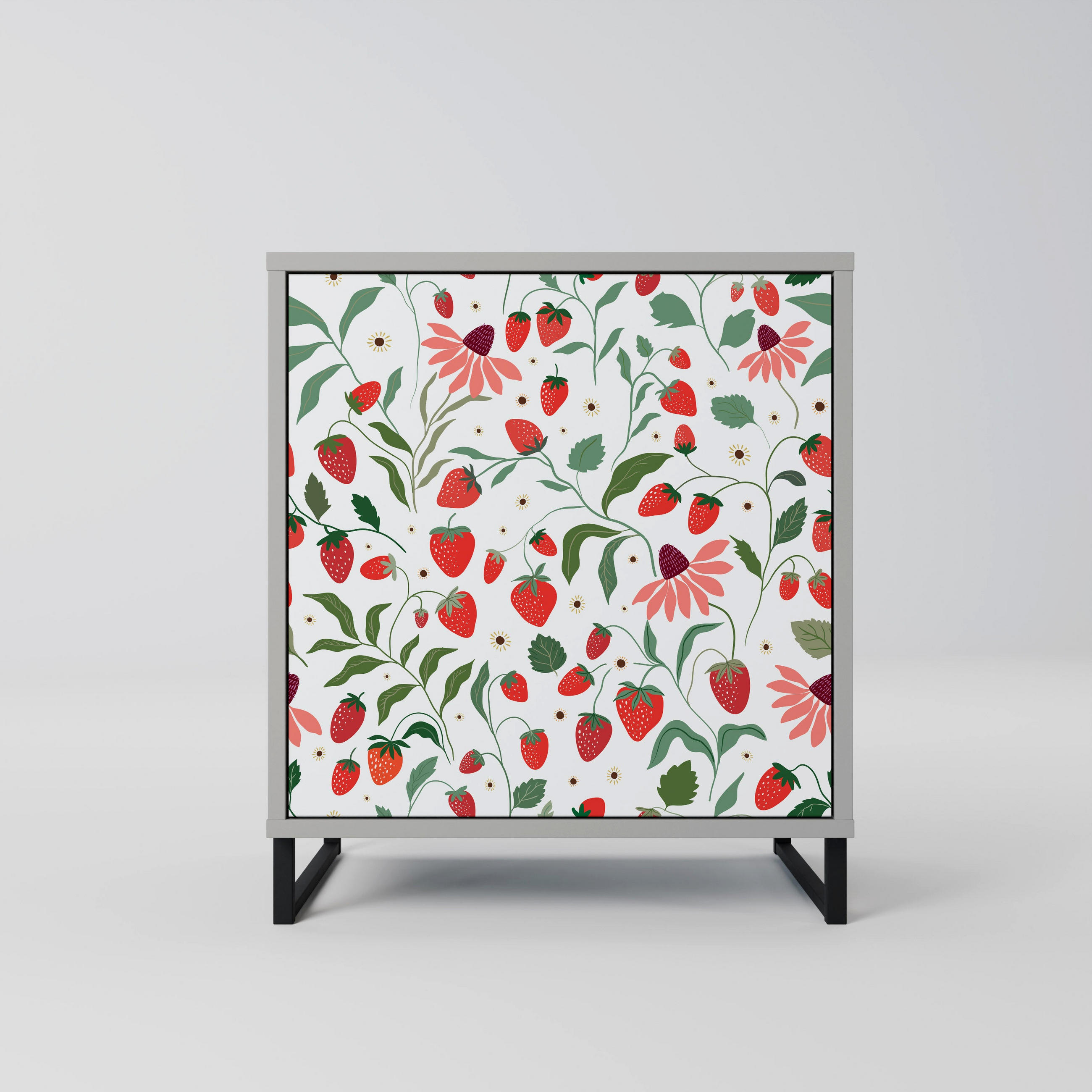 SIDEBOARD FLOWERS AND STRAWBERRIES, Grau, 57,5x42x67,5 cm, Schwarze Metall-Rahmenfüße - Multicolor/Schwarz, Holzwerkstoff/Metall (57.5/67.5/42cm) - SpaceRebels