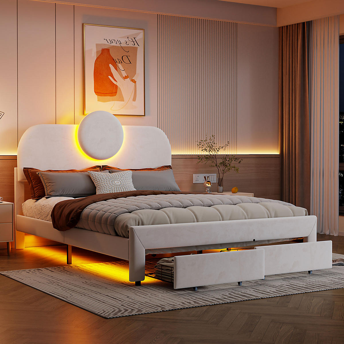 POLSTERBETT 140x200 cm, Beige, LED-Beleuchtung - Beige, Textil/Metall (140/200cm)