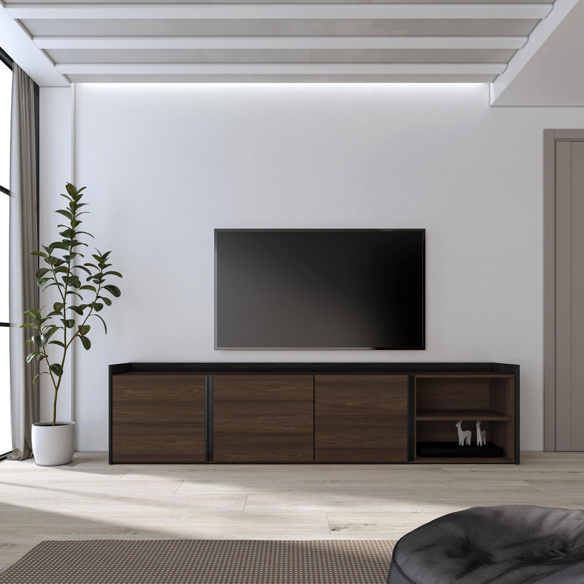 LOWBOARD, Dunkler Eiche und Schwarz, 207/35/50cm - Dunkelbraun, Holzwerkstoff (207/50/35cm) - Skraut Home