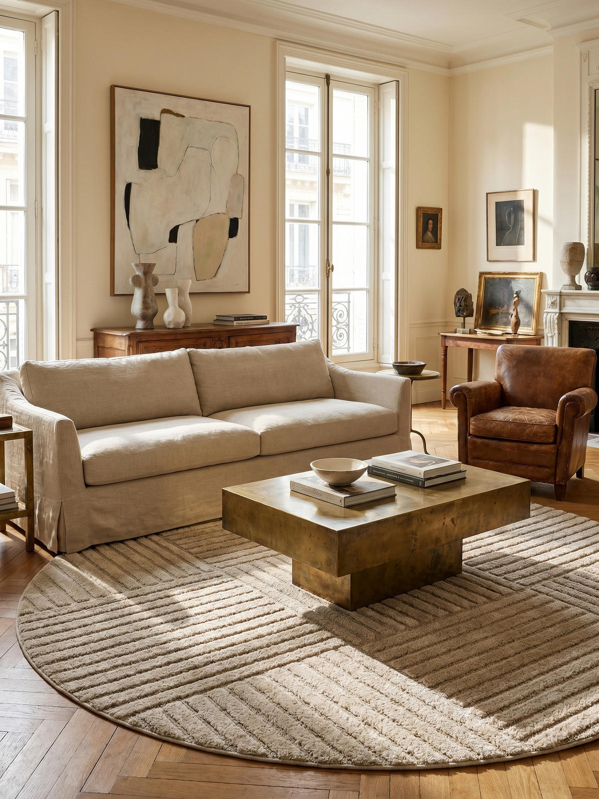 TEPPICH Hochflor RIGI in Beige, mit Cord-Streifen-Patchwork, Ø 160 cm - Beige, Textil (160/160cm) - KADIMA DESIGN