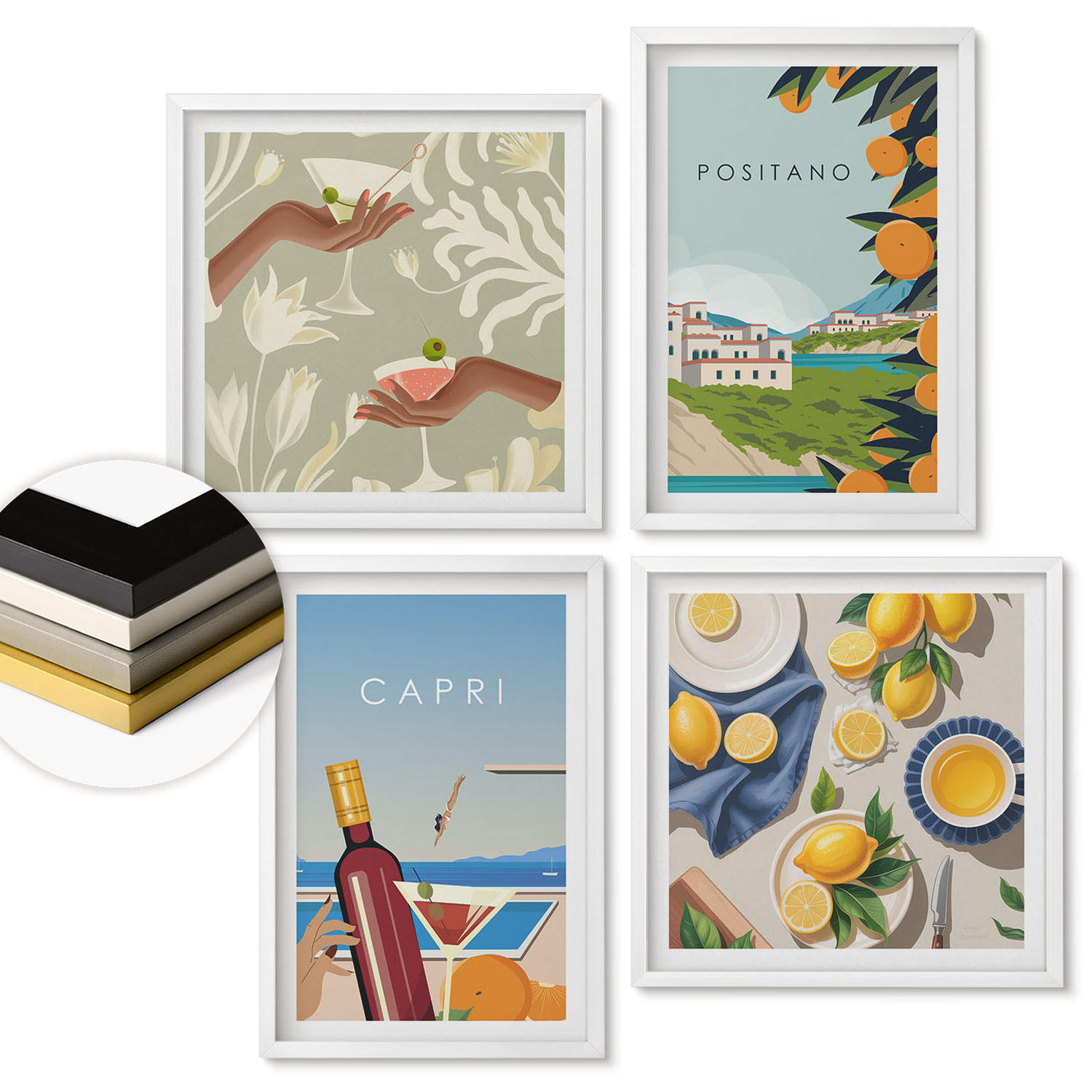 WANDBILDER 4er-Set - 50x50 cm & 40x60 cm Weißer Rahmen - Italienische Zitronenurlaube Capri - Weiß, Kunststoff (50/50cm) - ArtPrintCave