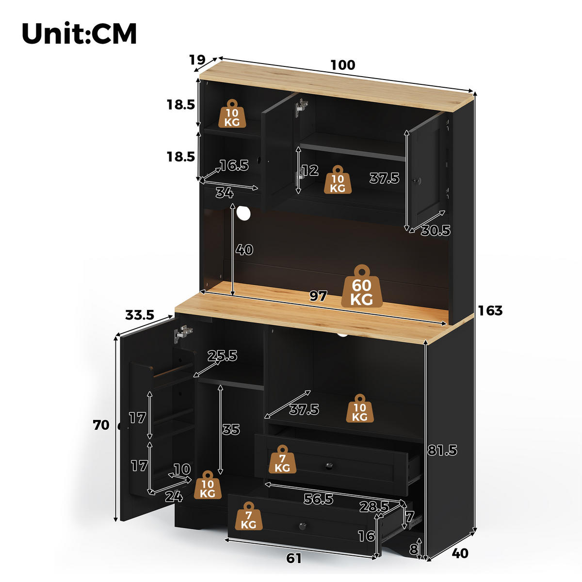 BUFFET DE-38741 100/40/163 cm LED-Beleuchtung und Mikrowellenfach Schwarz - Schwarz, Holzwerkstoff (100/163/40cm) - ComfortXL