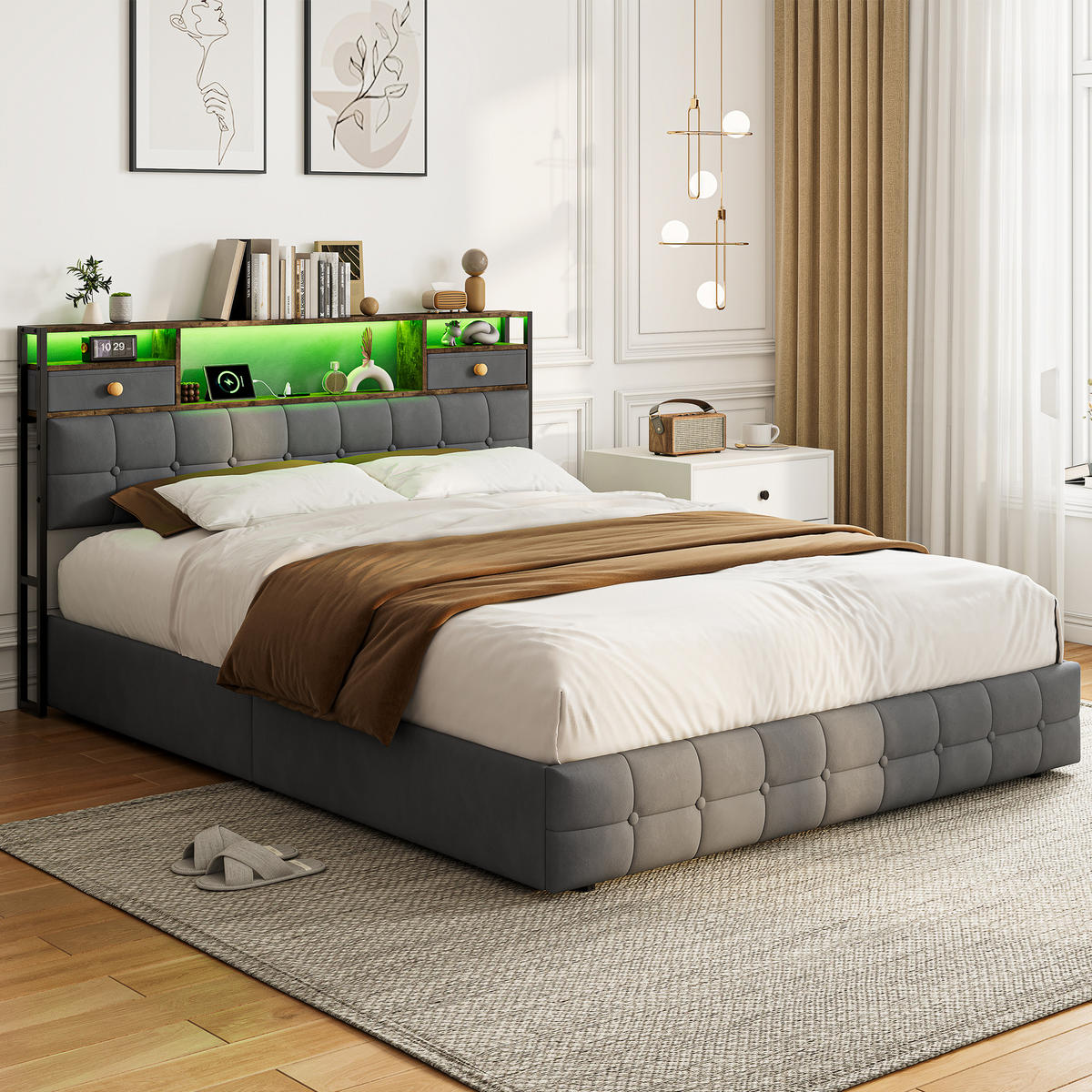 POLSTERBETT 160x200 cm mit 4 Schubladen, LED und USB-/Typ-C-Anschlüsse, Samt in Grau - Grau, Holz (160/200cm) - BRILVERDE