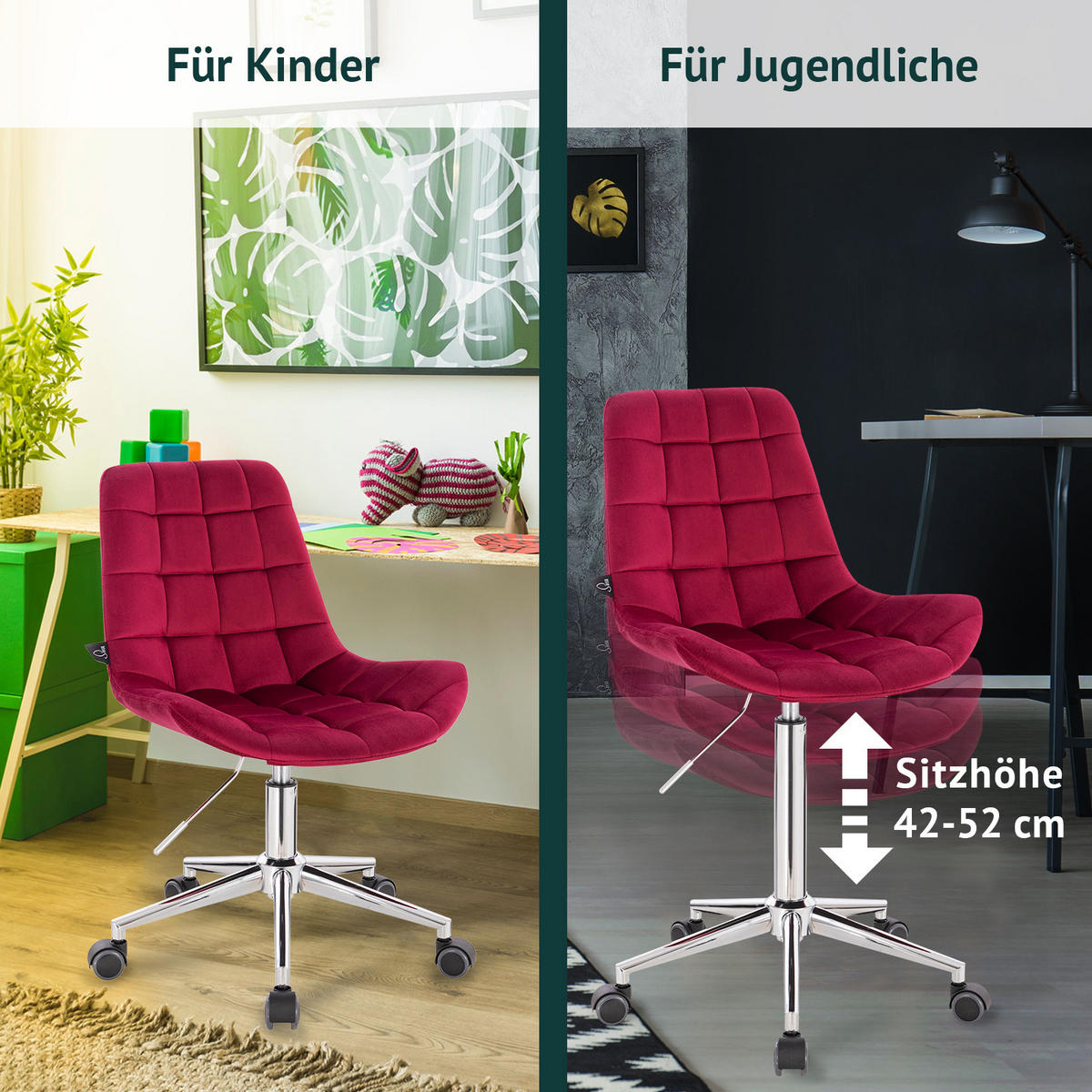 KINDERSCHREIBTISCHSTUHL MICKY Samtbezug Dunkelrot - Rot, Textil (51/87/59cm) - SVITA