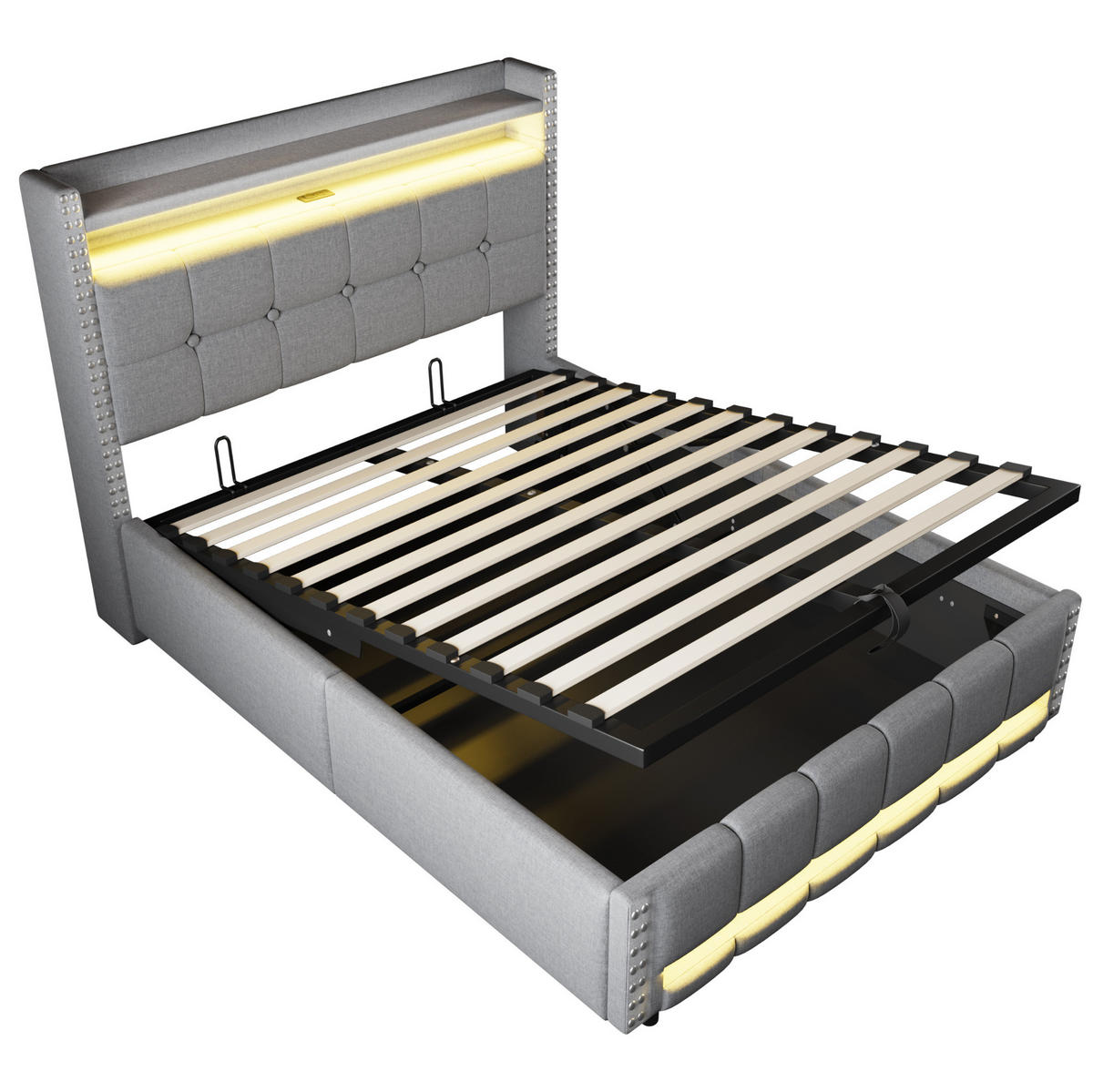 POLSTERBETT mit Bettkasten, LED und USB 140x200 cm Leinen Hellgrau - Hellgrau, Metall (140/200cm) - Beauniv