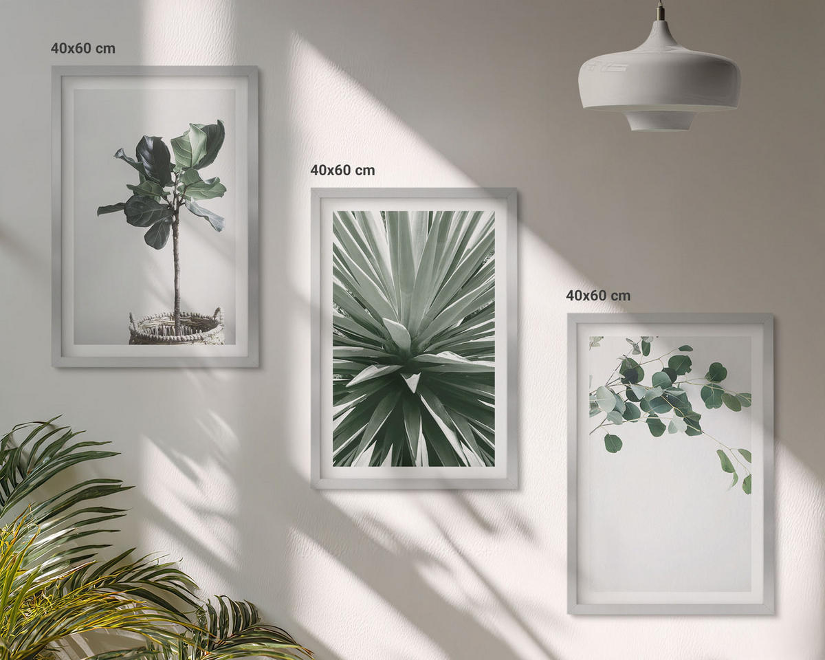 WANDBILDER 3er Set - 40x60 cm Silberner Rahmen - Minimalismus mit grünen Pflanzen - Silberfarben, Kunststoff (40/60cm) - ArtPrintCave