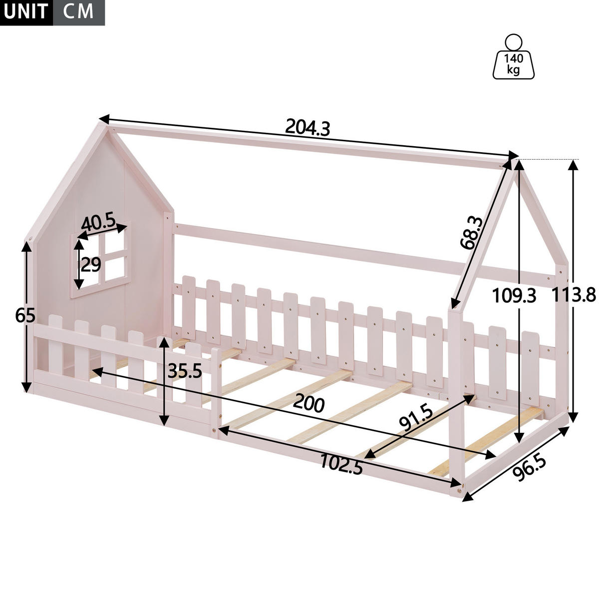 KINDERBETT aus Kiefer und MDF 90x200 cm Rosa in Hausform - Rosa, Holzwerkstoff (90/200cm) - IVMEU