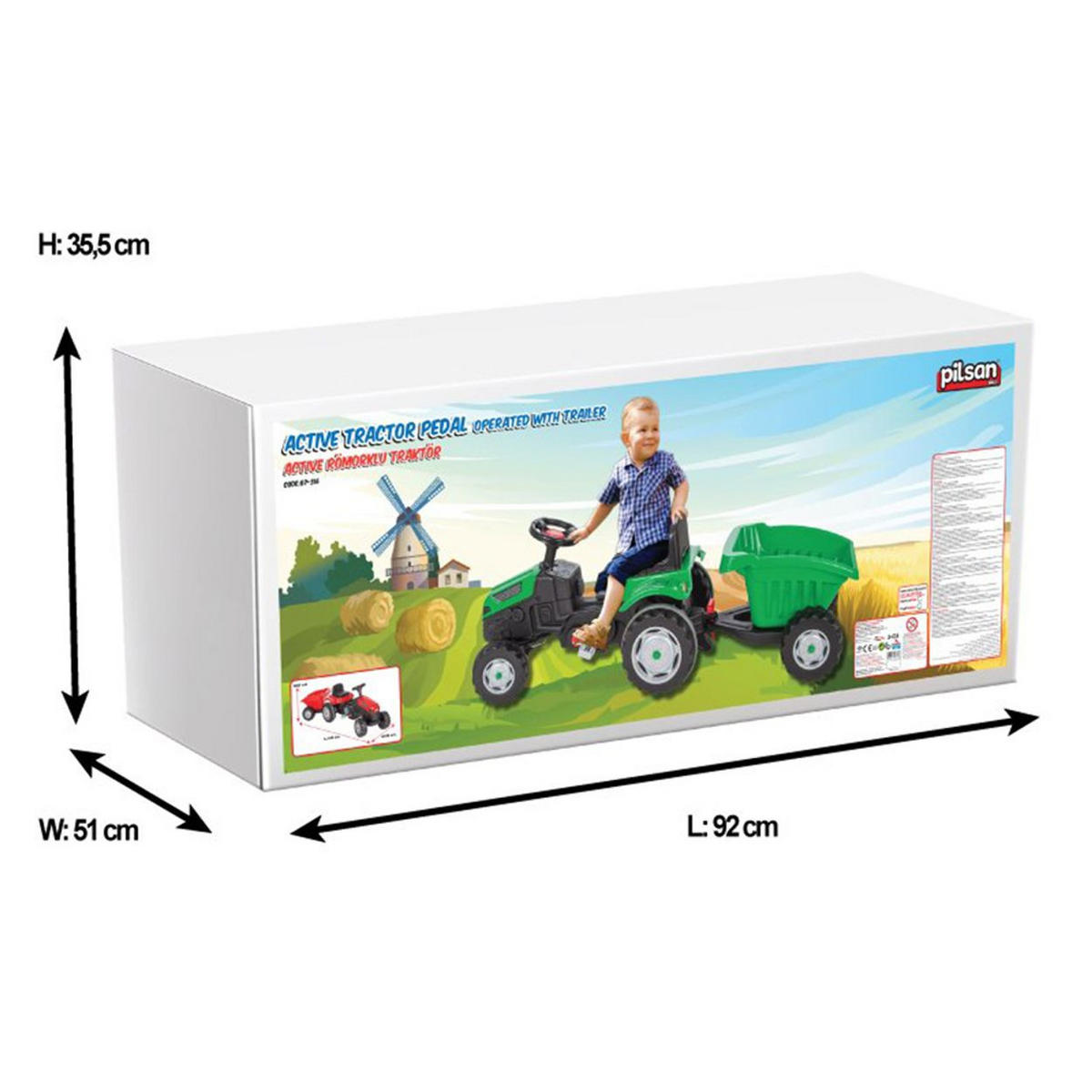 KINDERTRAKTOR Active 07316 grün Anhänger, Pedale, 6-fach verstellbarer Sitz, Rückwärtsfahrt, 50 kg - Schwarz, Kunststoff (143/51/51cm) - Pilsan