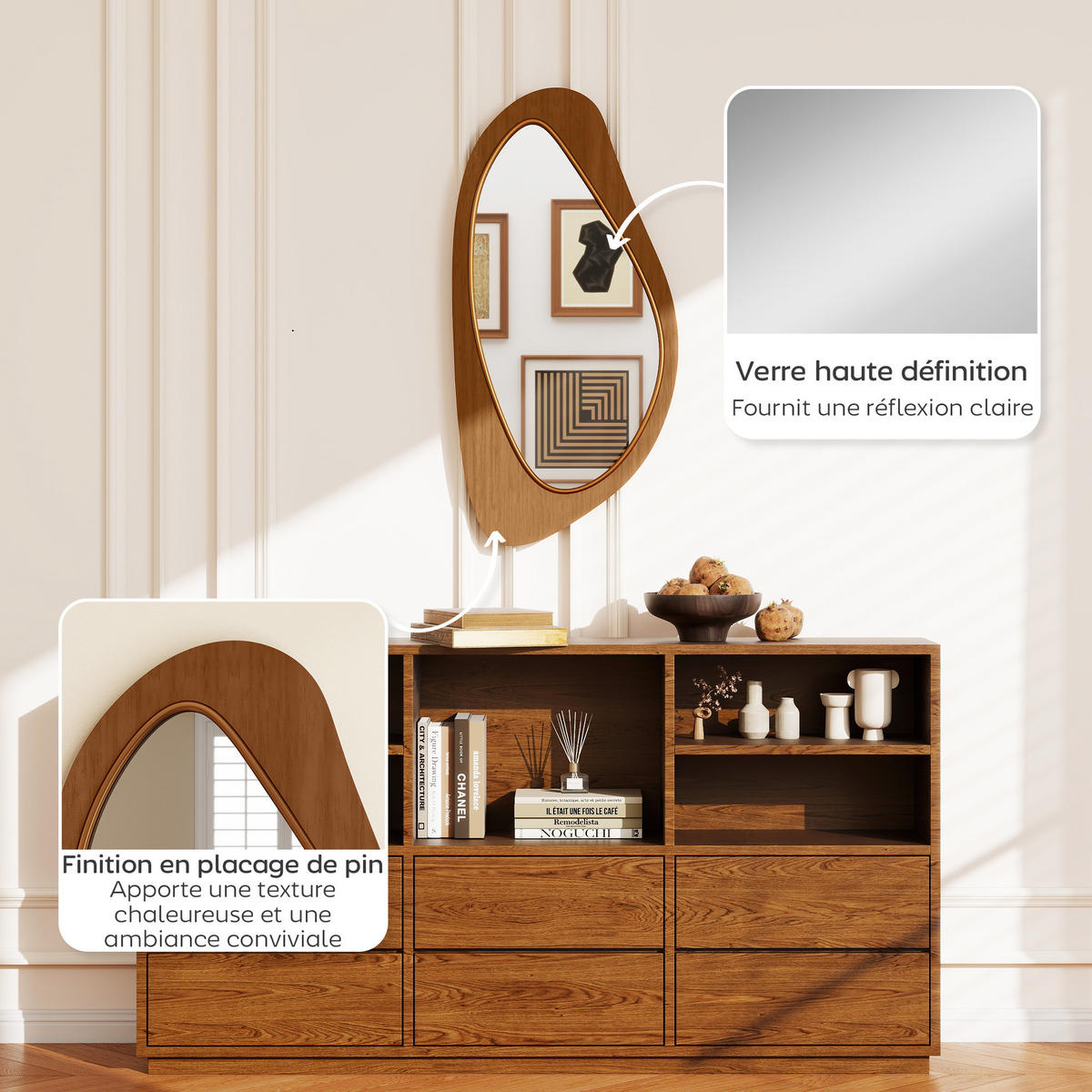 WANDSPIEGEL DE-14362 asymmetrisch mit Holzrahmen Naturholz - Naturfarben, Holzwerkstoff (91.5/3/45cm) - ComfortXL
