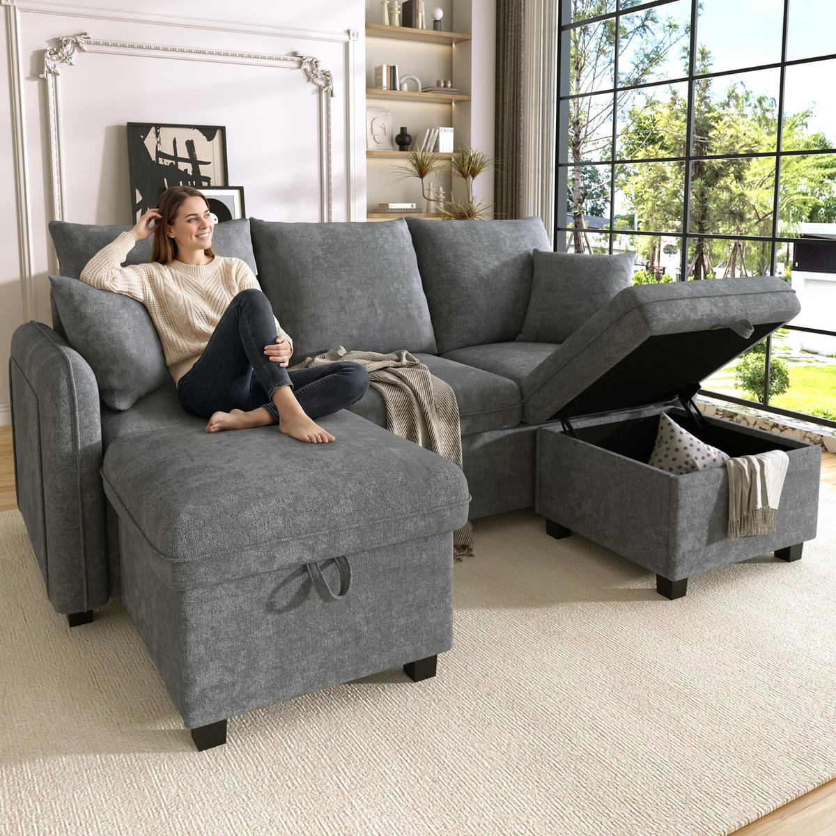 WOHNLANDSCHAFT 5-Sitzer Chenille Dunkelgrau mit Schlaffunktion, Stauraum und mit Hocker - Dunkelgrau, Holzwerkstoff/Kunststoff (188/86/82cm) - WISHDOR