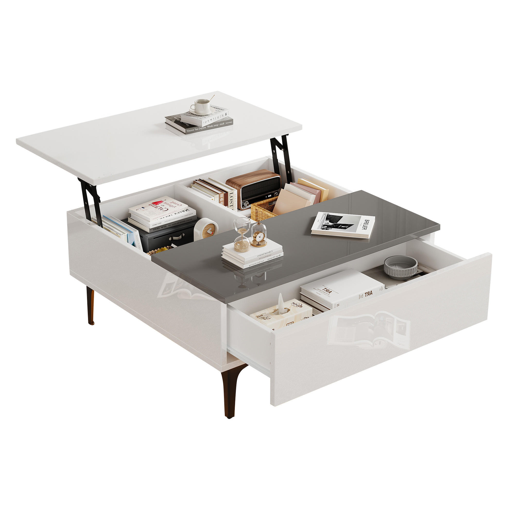 COUCHTISCH aus MDF 70x70x35 cm Weiß/Grau mit höhenverstellbarer Tischplatte, LED und Stauraum - Weiß, Holzwerkstoff (70/70/35cm) - IVMEU