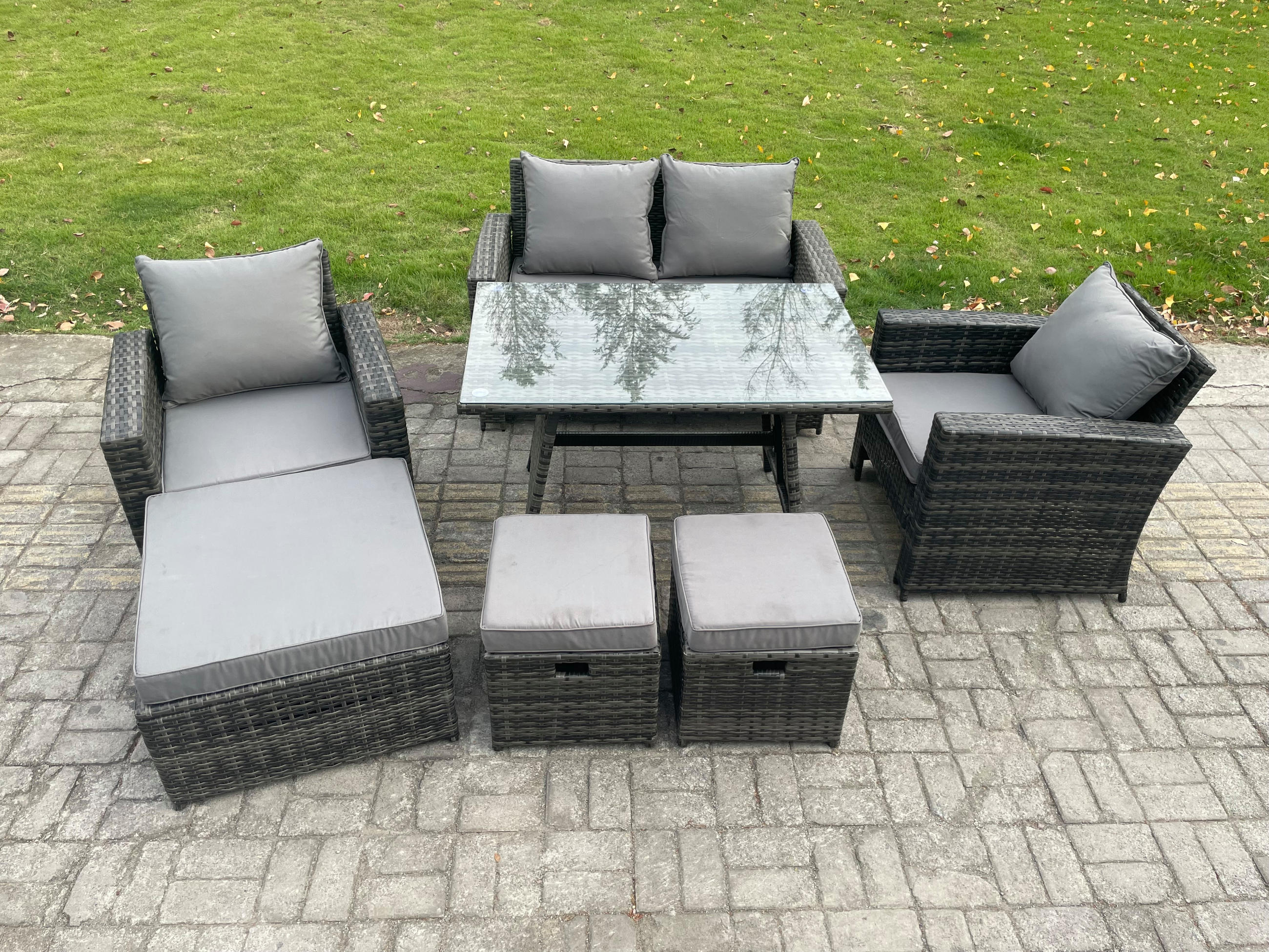 GARTENMÖBELSET mit ESSTISCH,HOCHLEHNER-SOFA Polyrattan Dunkelgrauer Mix 7-Sitzer - Dunkelgrau/Grau, Glas/Kunststoff - Fimous