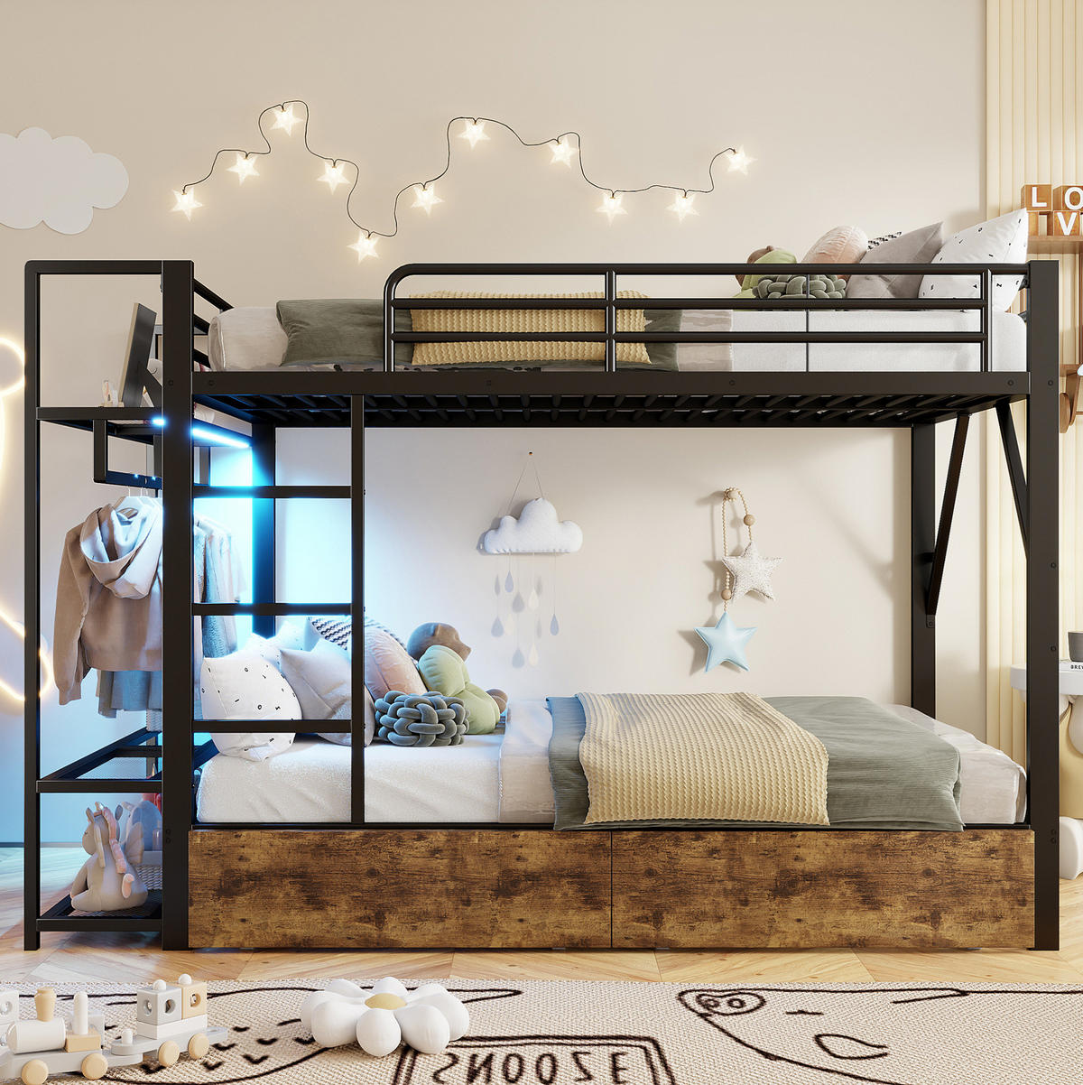 ETAGENBETT 140/200 cm schwarz aus Metall und MDF mit LED, Regalen und 2 Schubladen - Schwarz, Metall (140/200cm) - OKWISH