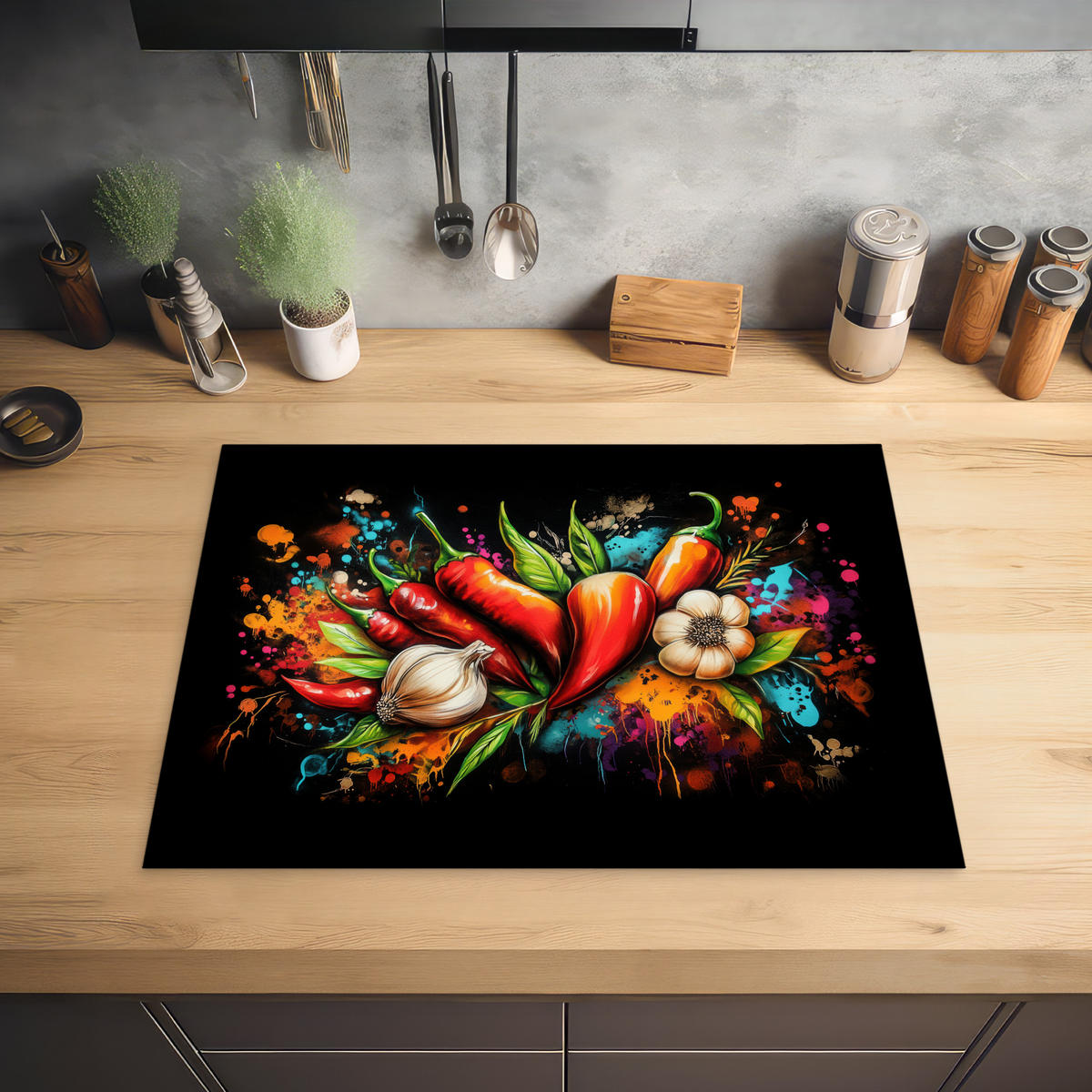 HERABDECKPLATTE - Gemüse - Paprika - Knoblauch - Graffiti - Farbe - Bunt - 70x55 - Rot, Kunststoff (70/55/0.2cm) - MuchoWow