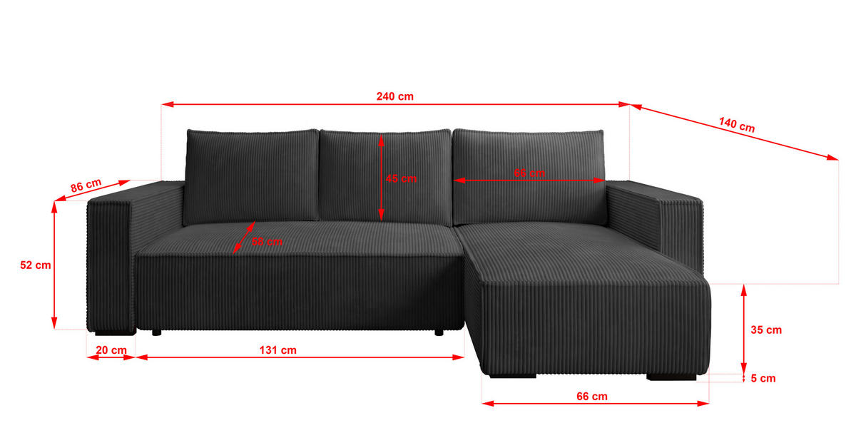 ECKSOFA CUDDY L, Eckcouch in L-Form mit Schlaffunktion und Bettkasten, Farbe: Dunkelgrau, Cordstoff, Ottomane Rechts - Dunkelgrau, Textil (240/140cm) - Storez24