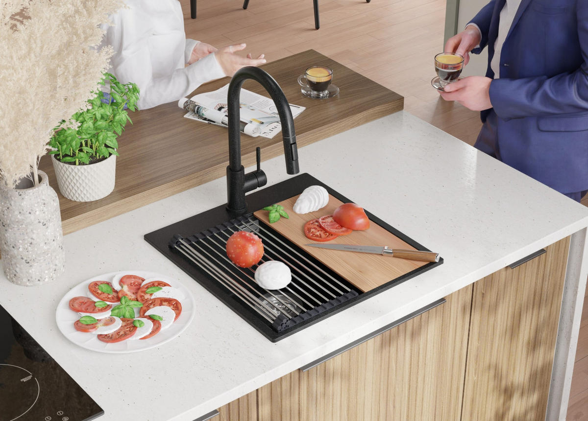 SPÜLBECKEN Oslo, 3-er set Anthrazit 48/50 cm, 1 Becken + Ablauf-Set + Schneidebrett ab 50er Unterschrank - Chromfarben/Anthrazit, Kunststoff (48/20/50cm) - Primagran