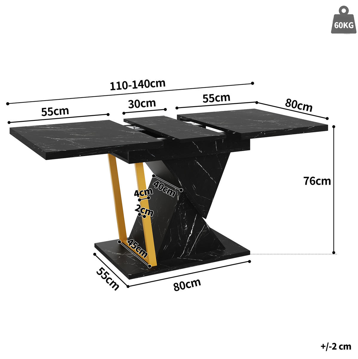 ESSTISCH 110/80/76 cm Schwarz ausziehbar mit Marmoroptik Tischplatte aus MDF - Schwarz, Holzwerkstoff (110/80/76cm) - OKWISH