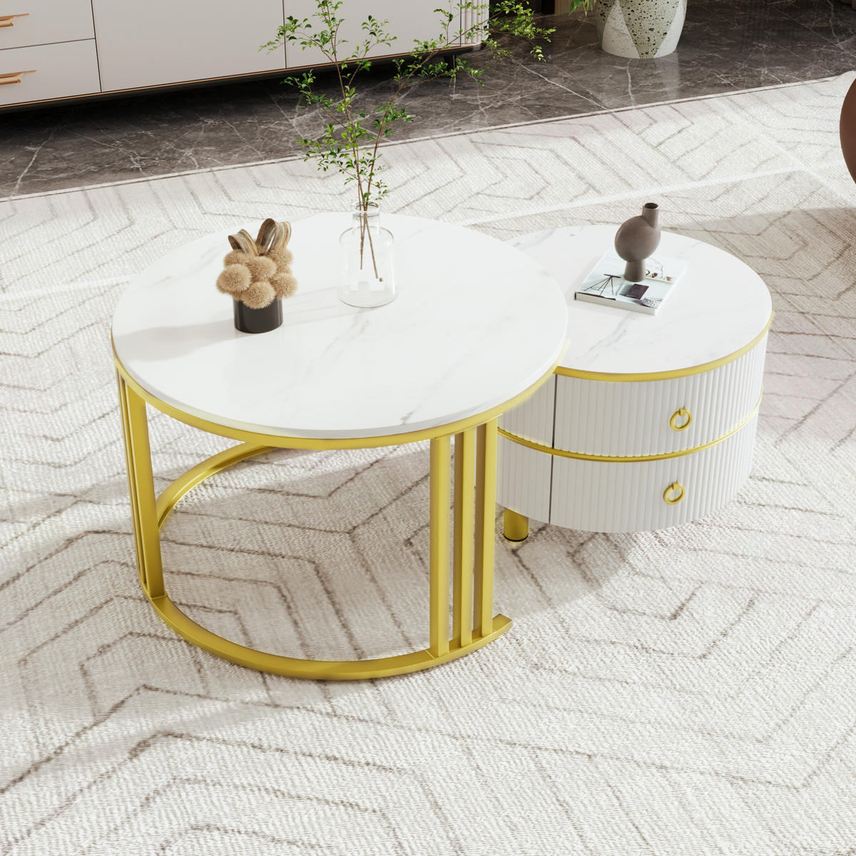 KONFERENČNÍ stolek z MDF 70x70x46 cm bílý se 2 zásuvkami, lesklou deskou a mramorovým dekorem - bílá, kompozitní dřevo (70/70/46cm) - Modfu