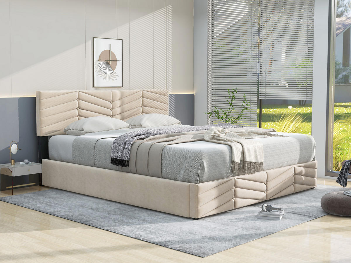 POLSTERBETT 140/190 cm in Beige Samt mit verstellbarem Kopfteil - Beige, Holzwerkstoff/Textil (140/190cm) - STILVORA