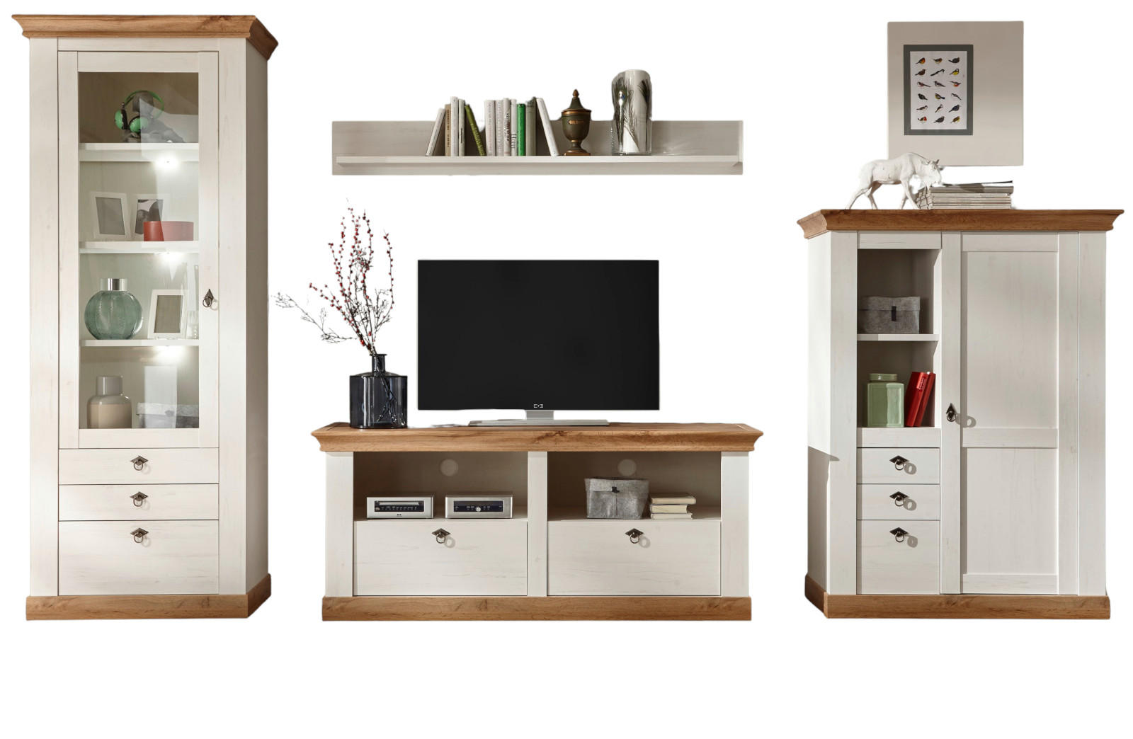 WOHNWAND weiß Pinie, Eiche Wotan 4-teilig 356 cm, Schrankwand im Landhaus-Stil - Silberfarben/Eiche Wotan, Glas/Holzwerkstoff (356/204/52cm) - Furn.Design