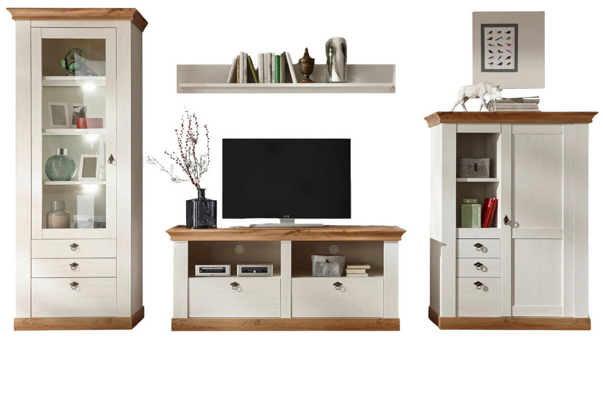 WOHNWAND weiß Pinie, Eiche Wotan 4-teilig 356 cm, Schrankwand im Landhaus-Stil - Silberfarben/Eiche Wotan, Glas/Holzwerkstoff (356/204/52cm) - Furn.Design
