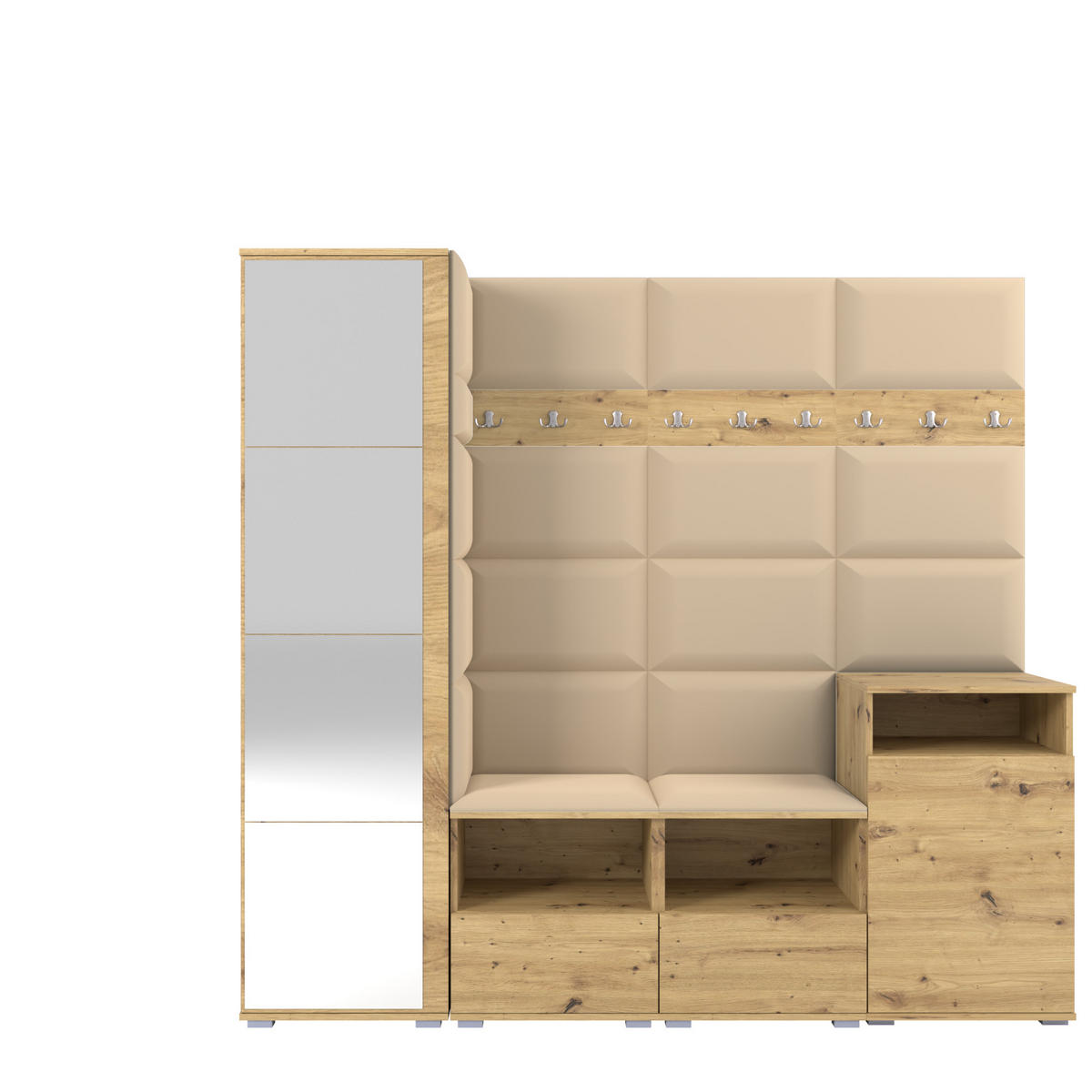 GARDEROBE NELA X 200 cm (Modulare Flurmöbel Artisan Eiche mit Spiegel & Sitzpolster Beige 04 Schrank + Sideboard) - Beige/Silberfarben, Holz/Holzwerkstoff (200/187/40cm) - Ravio