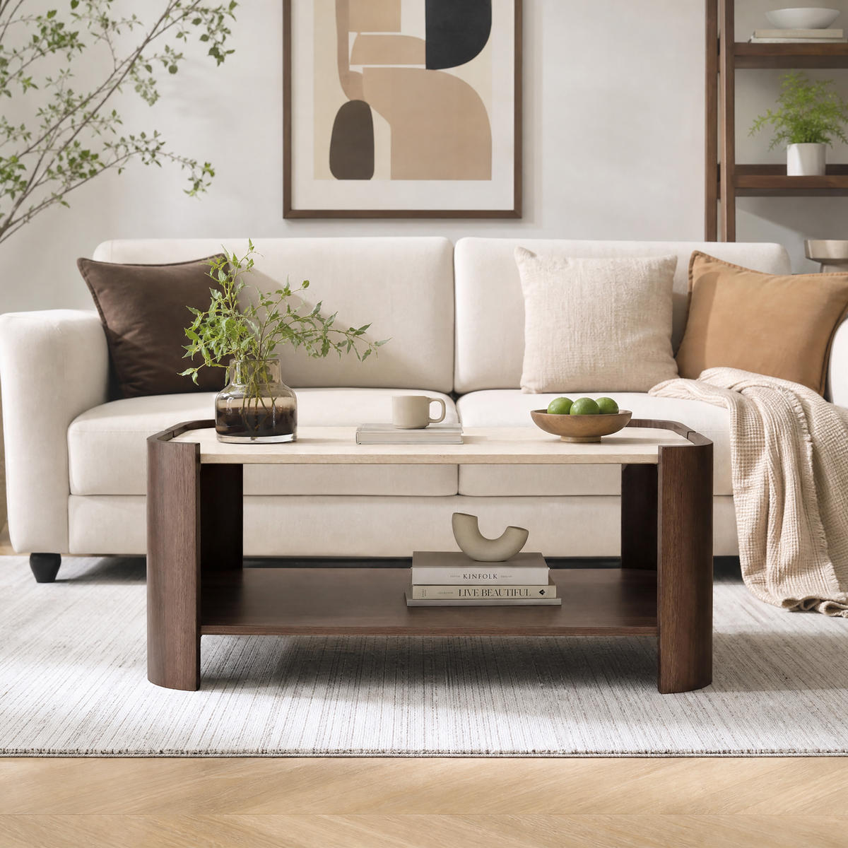 COUCHTISCH Holz Walnuss mit Travertin-Optik, 104 × 54 × 43 cm - Walnussfarben, Holzwerkstoff (54/104/43cm) - Hometopia