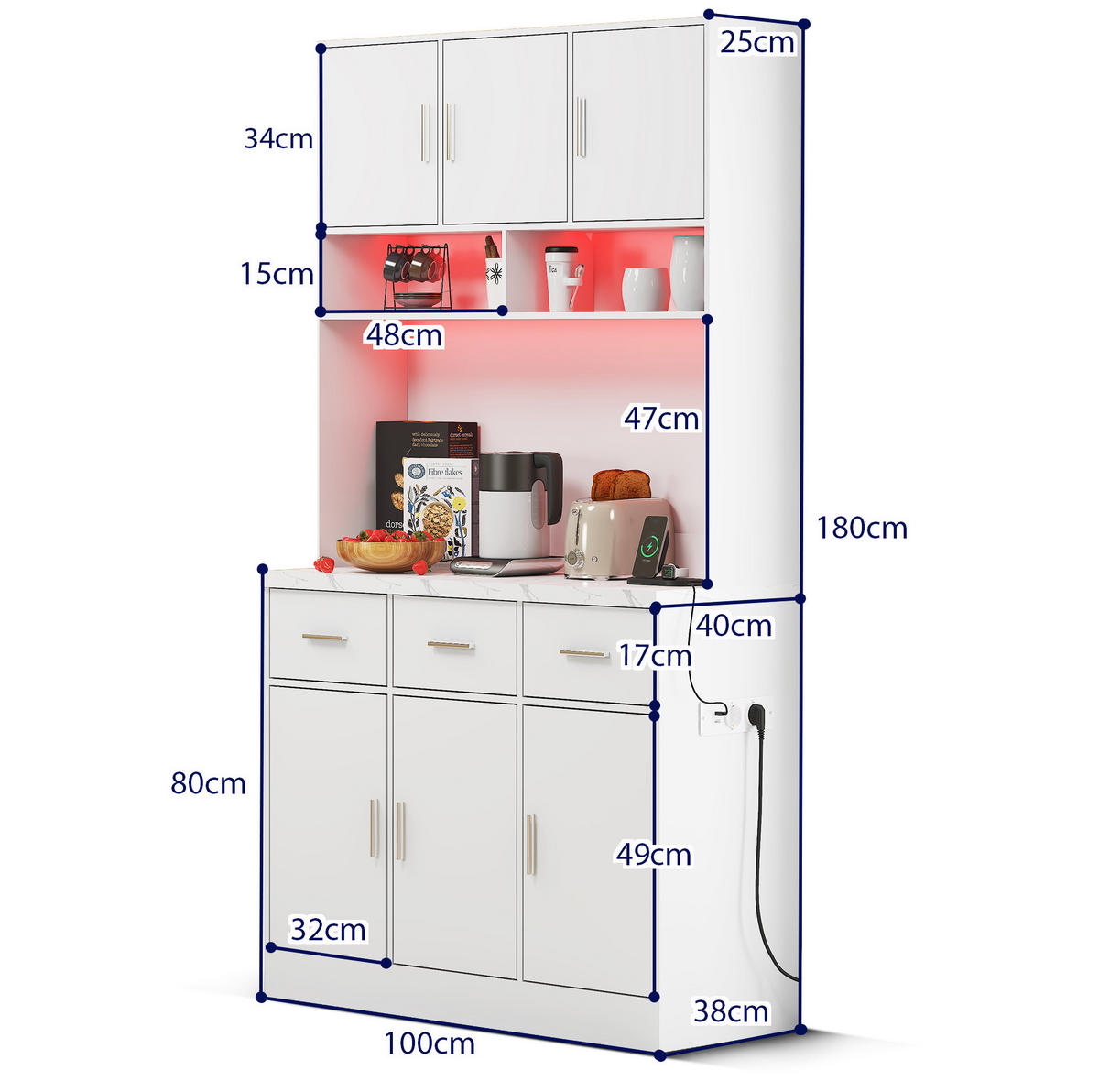 KÜCHENSCHRANK aus MDF und PB 100x40x180 cm Weiß mit LED-Beleuchtung, Steckdosenleiste und USB-Anschlüssen - Weiß, Holzwerkstoff (100/180/40cm) - IVMEU