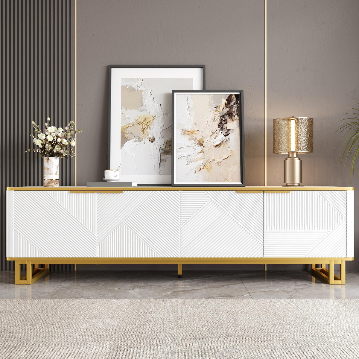 LOWBOARD in Weiß und Gold TV-Schrank mit vier Türen für Wohnzimmer, B160/T37.5/H48 cm - Goldfarben/Weiß, Holzwerkstoff/Metall (160/48/37.5cm) - STILVORA