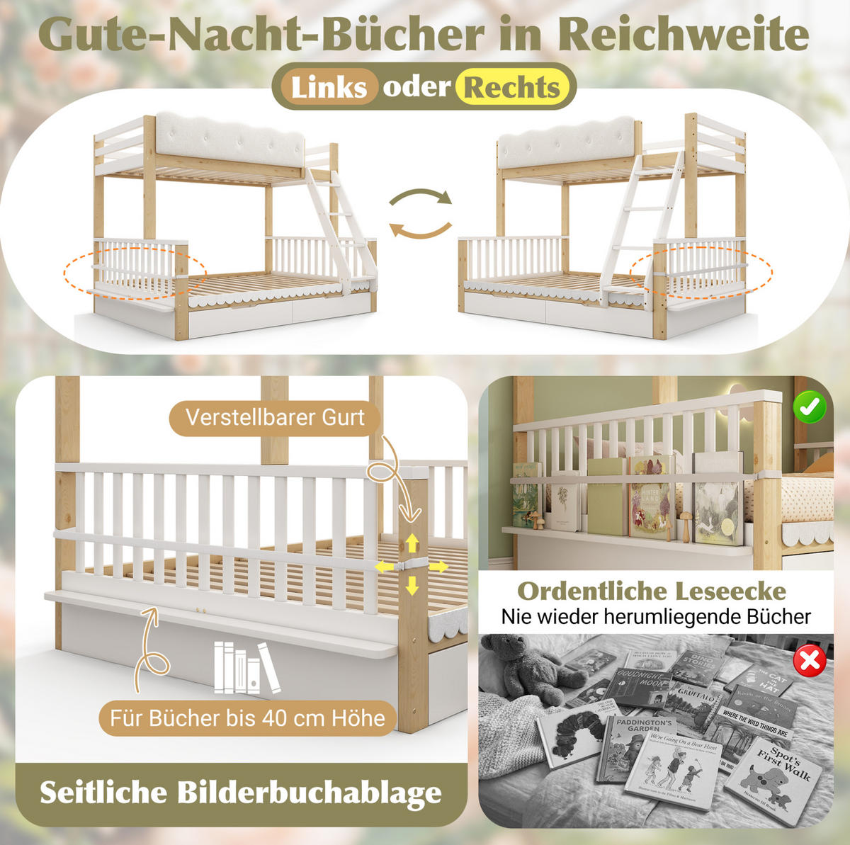 ETAGENBETT aus Kiefernholz, Spanplatte und Sperrholz 140x200 cm Weiß & Eiche mit Schubladen und Zeitschriftenständer - Eichefarben, Holz (140/200cm) - Modfu