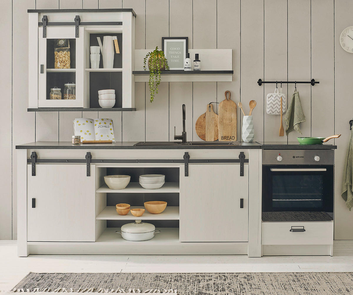 KÜCHEN-SET weiß Pinie, anthrazit 4-teilig 264 cm, Küchenschrank Set im Landhaus-Stil - Anthrazit/Schwarz, Holzwerkstoff/Metall (264/200/64cm) - Furn.Design