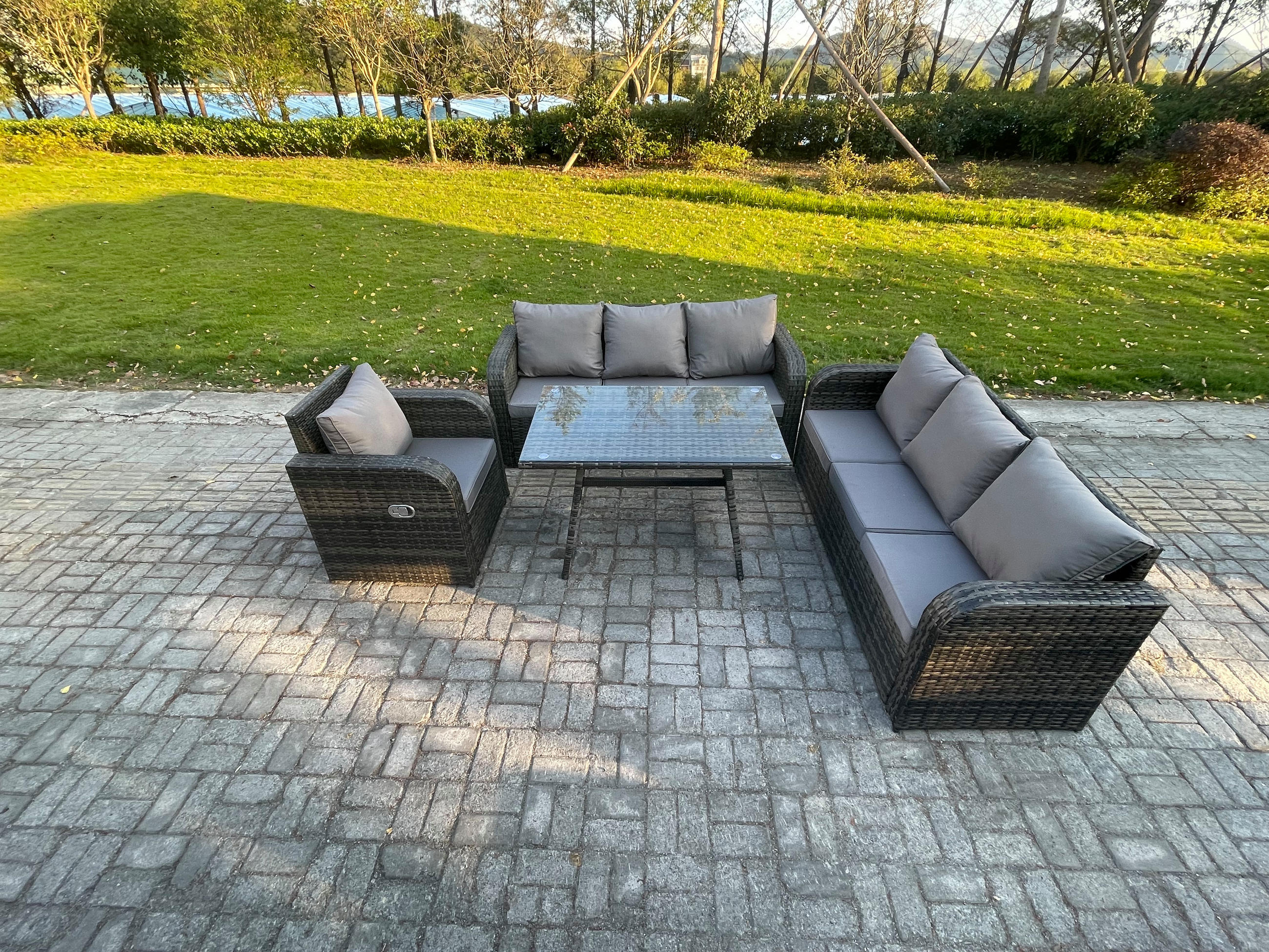 GARTENSET Hohe Rückenlehne Polyrattan 7-Sitzer - Dunkelgrau/Grau, Glas/Kunststoff - Fimous