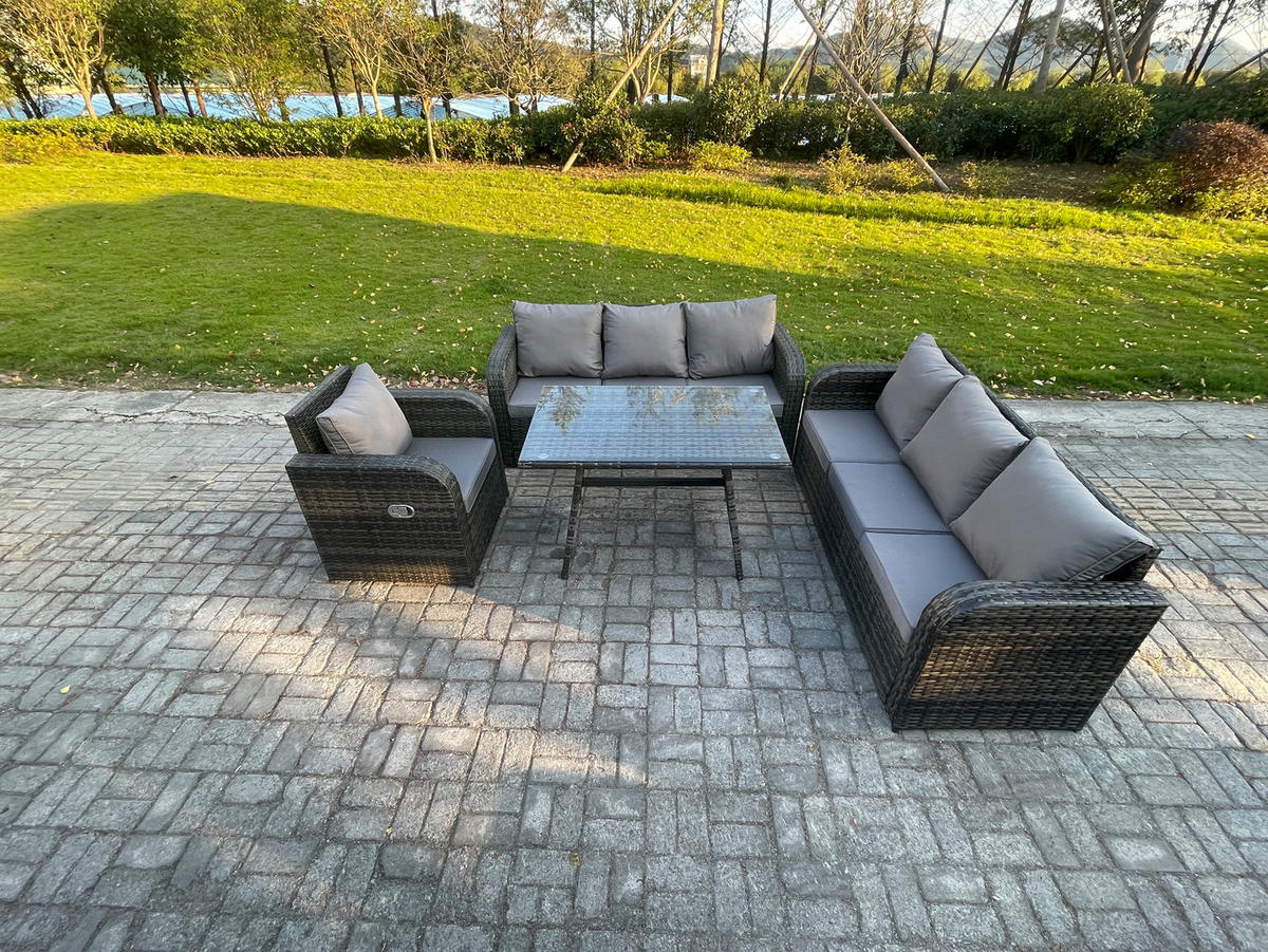 GARTENSET Hohe Rückenlehne Polyrattan 7-Sitzer - Dunkelgrau/Grau, Glas/Kunststoff - Fimous