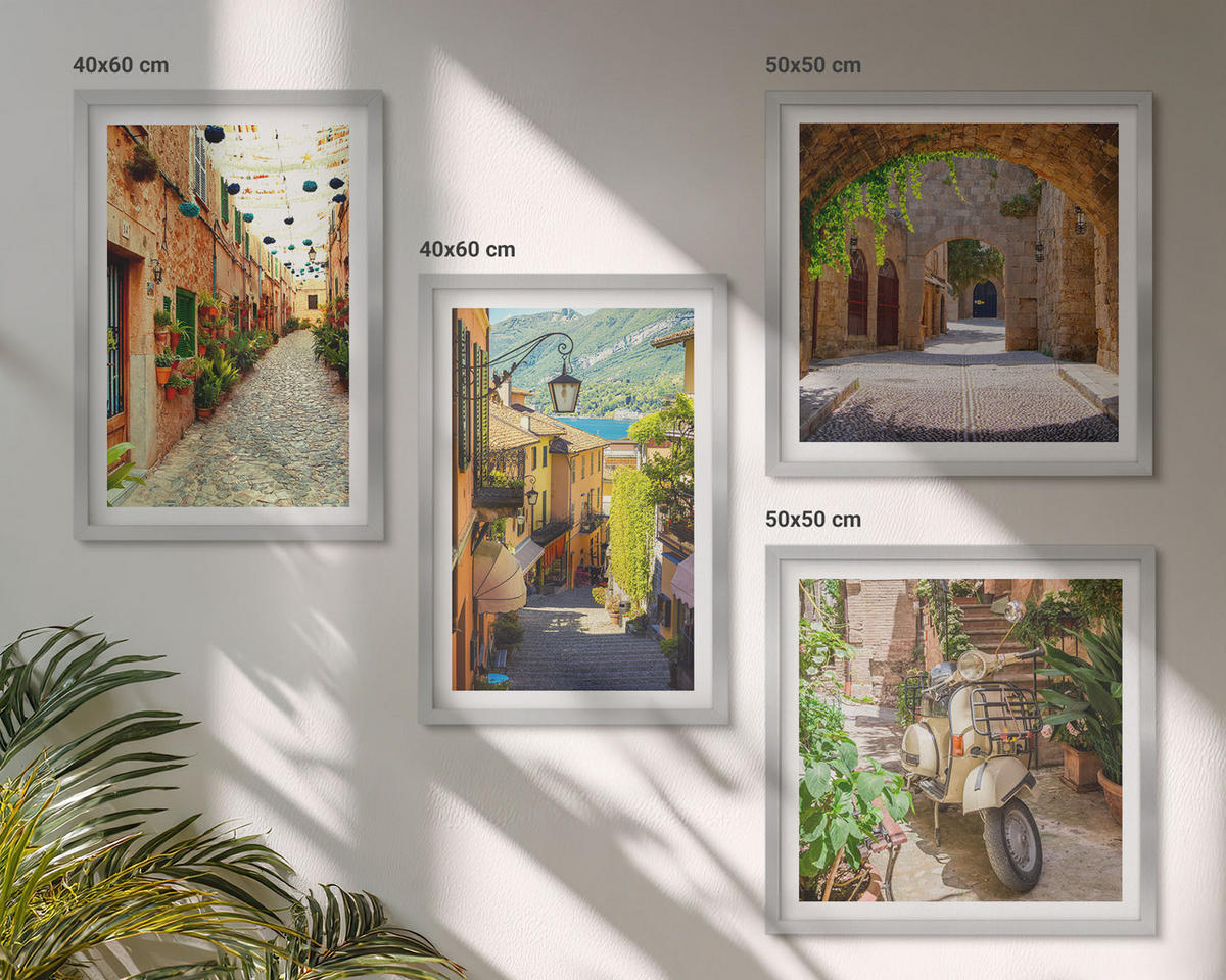 WANDBILDER 4er Set - 50x50 cm & 40x60 cm Silberner Rahmen - Charmante Straßen und Pizza - Silberfarben, Kunststoff (50/50cm) - ArtPrintCave