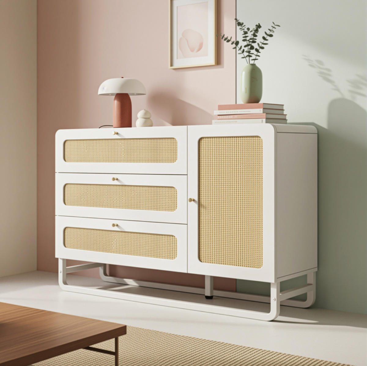 KOMMODEN-SIDEBOARD 120/40/85 cm mit 3 Schubladen & Rattan-Fronten in Weiß - Weiß, Metall (120/85/40cm) - BEAOK