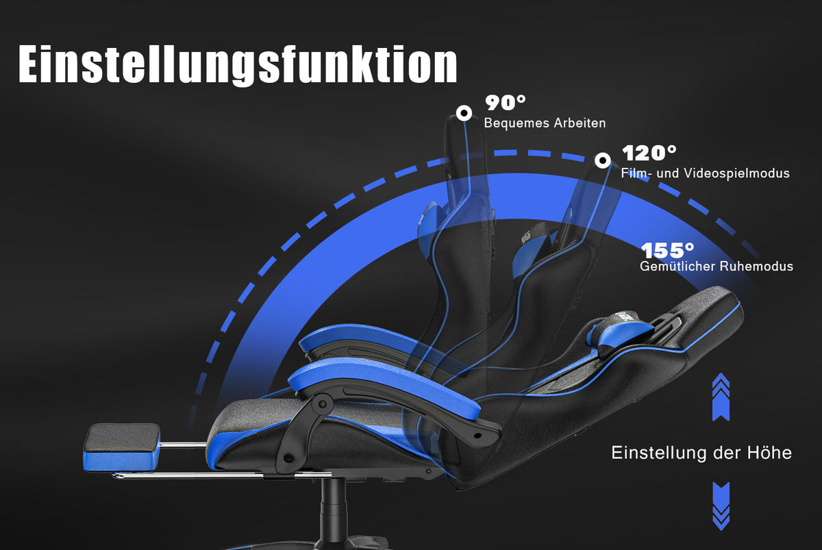 GAMING-STUHL höhenverstellbar, Fußstütze, Lendenkissen – Schwarz/Blau - Blau, Leder (50/134/50cm) - Rattantree