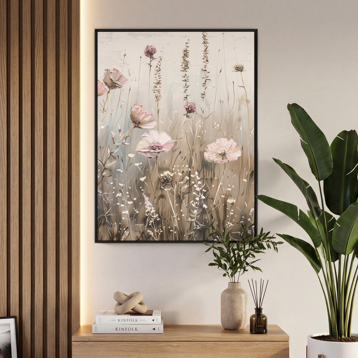 LEINWAND Bilder mit Rahmen - Blumen - Rosa - Modern - Beige - 70x100 - Beige, Textil (70/100cm) - MuchoWow