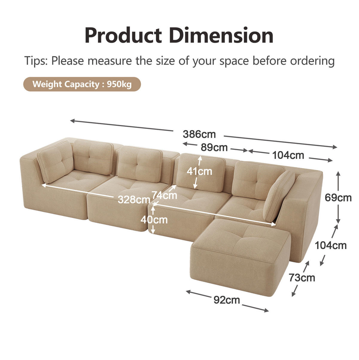 ECKSOFA 386/177/69 cm Beige aus Cord modular ohne Aufbau - Beige, Textil (177/386cm) - OKWISH
