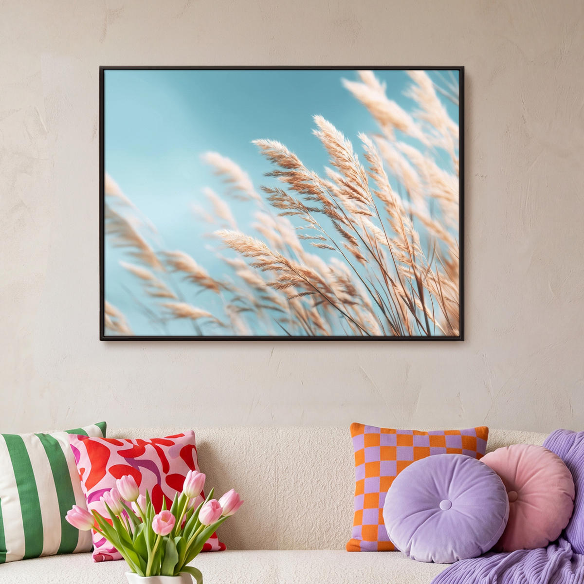LEINWAND Bilder mit Rahmen - Ziergras - Wind - Hellbraun - 100x70 - Hellblau, Textil (100/70cm) - MuchoWow