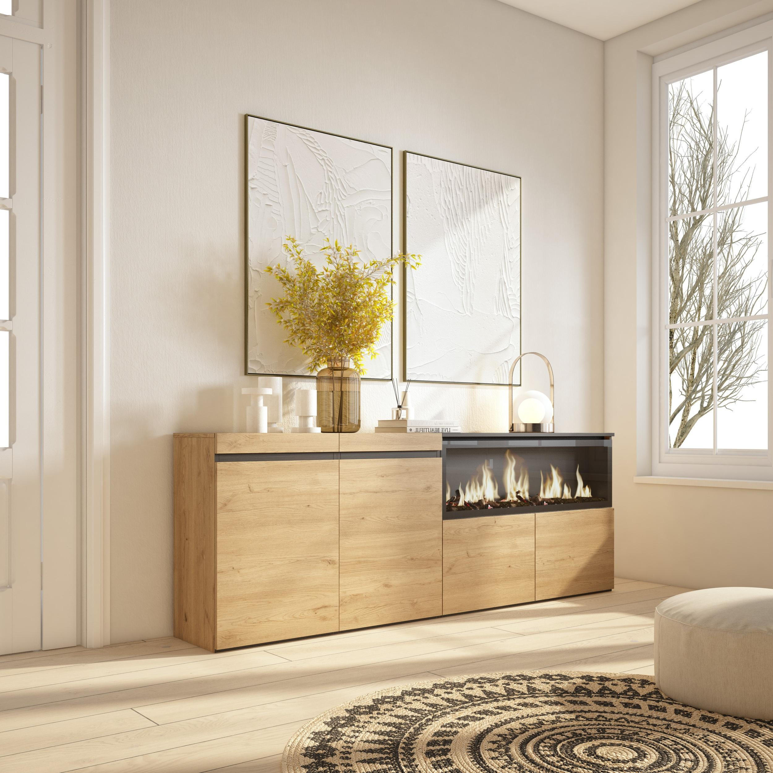 SIDEBOARD Highboard, Elektrokamin XXL, eiche, 208/35/75cm - Eichefarben/Schwarz, Holzwerkstoff (208/75/35cm) - Skraut Home
