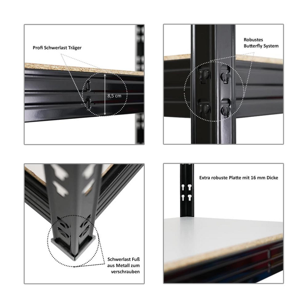 SCHWERLASTREGAL Rhino 180x200x60 cm 5 Spanplatten-Ebenen 8mm Fachlast 500 kg Schwarz - Schwarz, Metall (200/180/60cm) - PROREGAL