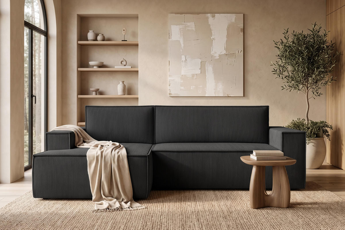 ECKSCHLAFSOFA-LINKS NAPI in Pet Friendly Cord-Stoff, dunkelgrau - Dunkelgrau/Schwarz, Textil (262/148cm) - KONSIMO®
