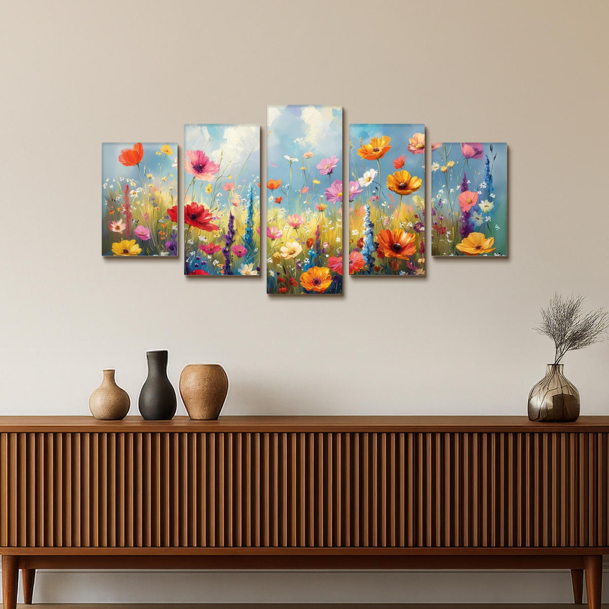 LEINWANDBILD 5er Set Blumen - Frühling - Farbenfroh - Sommerlich 100x50 cm - Orange, Textil (100/50cm) - MuchoWow