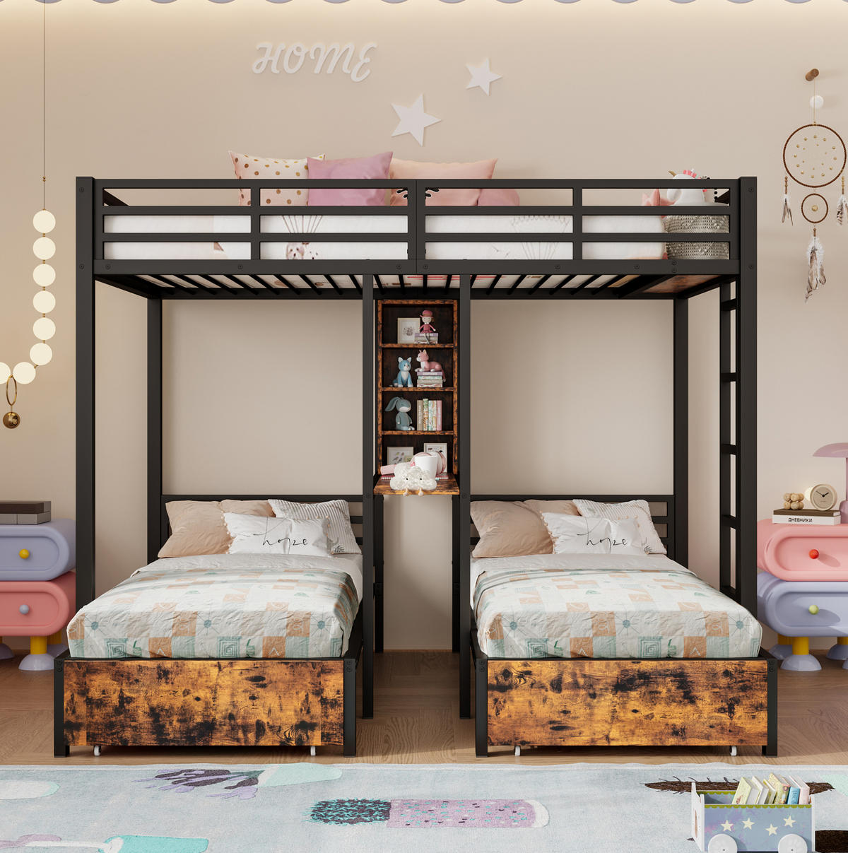 ETAGENBETT 140/200 + 90/200 cm aus Metall und MDF mit 3 Schlafplätzen und 2 Schubladen Schwarz - Schwarz, Holzwerkstoff (140/200cm) - Modenvie