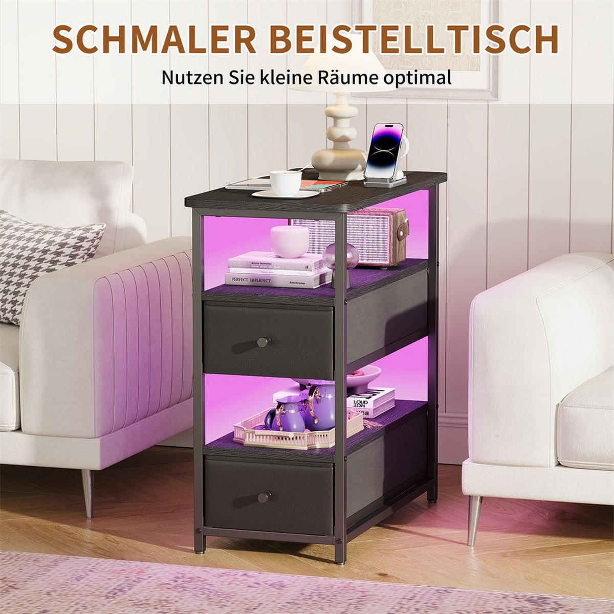 NACHTTISCH mit Ladestation & LED Beleuchtung - Schmaler Nachttisch mit offene Ablagen & 2 Schubladen - Schwarz - Schwarz, Holzwerkstoff (28/60.5/58cm) - DELFA