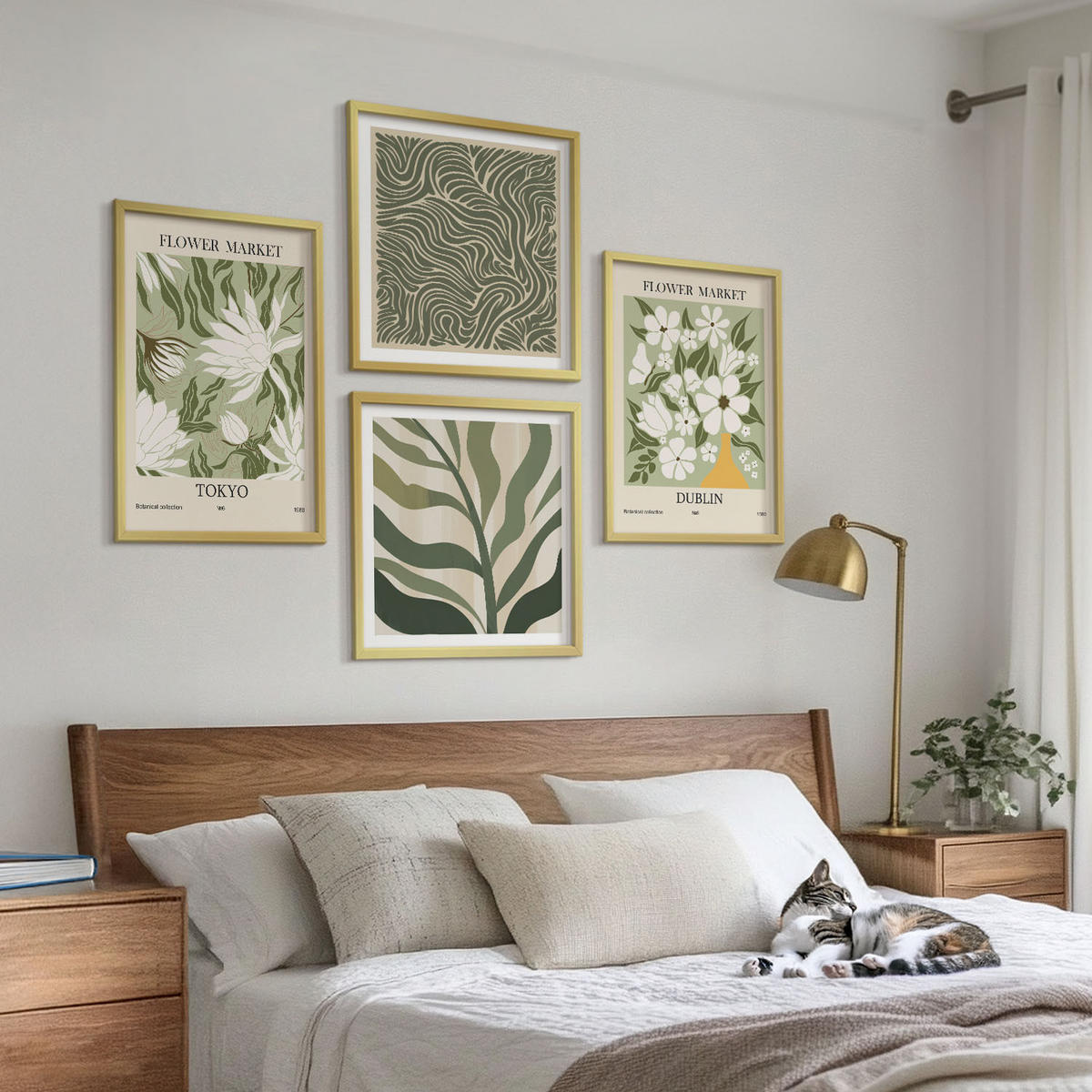 WANDBILDER 4er Set - 50x50 cm & 40x60 cm Goldrahmen - Pflanzenmuster, Boho-Dekorationen - Goldfarben, Kunststoff (50/50cm) - ArtPrintCave