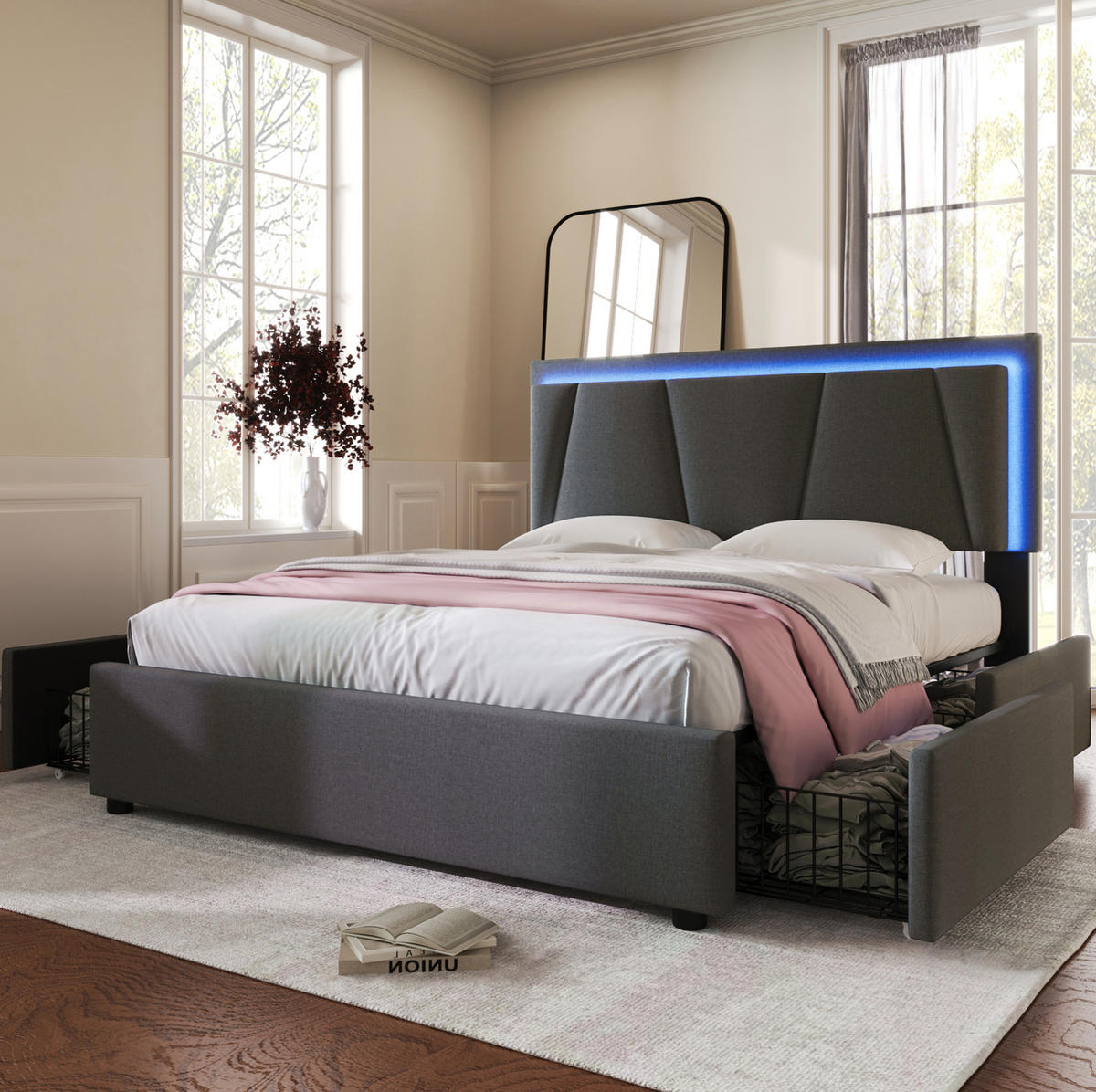 BETT mit LED und 4 Schubladen 140x200 cm Grau - Grau, Holz (140/200cm) - Meubliv